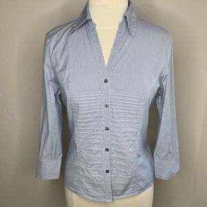 Dressbarn Blue Button-Down Pleated Pinstripe Fitted Shirt